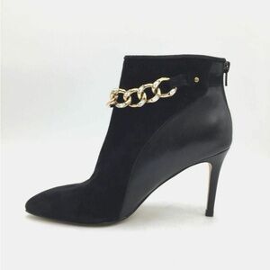 NEW Neiman Marcus Black Ankle Boots with Gold Chain